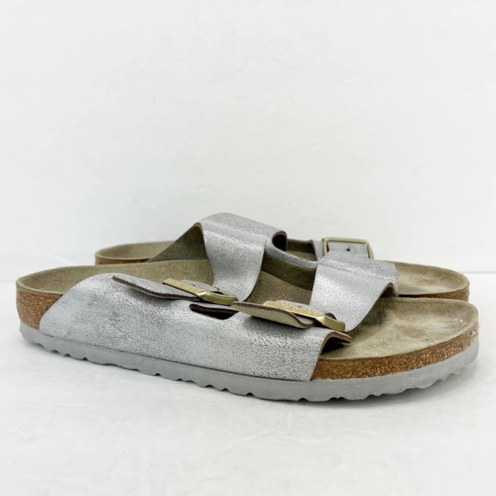 Birkenstock Arizona Suede Leather Washed Metallic Blue Silver